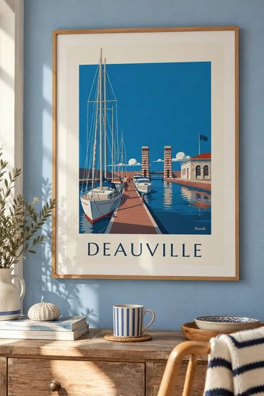 Affiche della marina di Port-Deauville e delle barche a vela : incorniciato alla parete