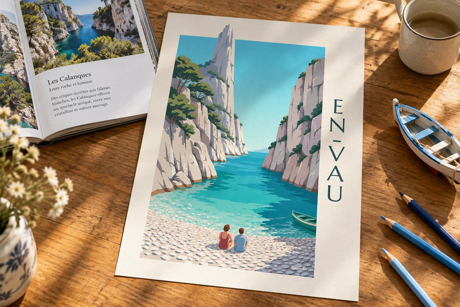 Affiche calanque d’En-Vau et aiguille de roche : posée sur une table