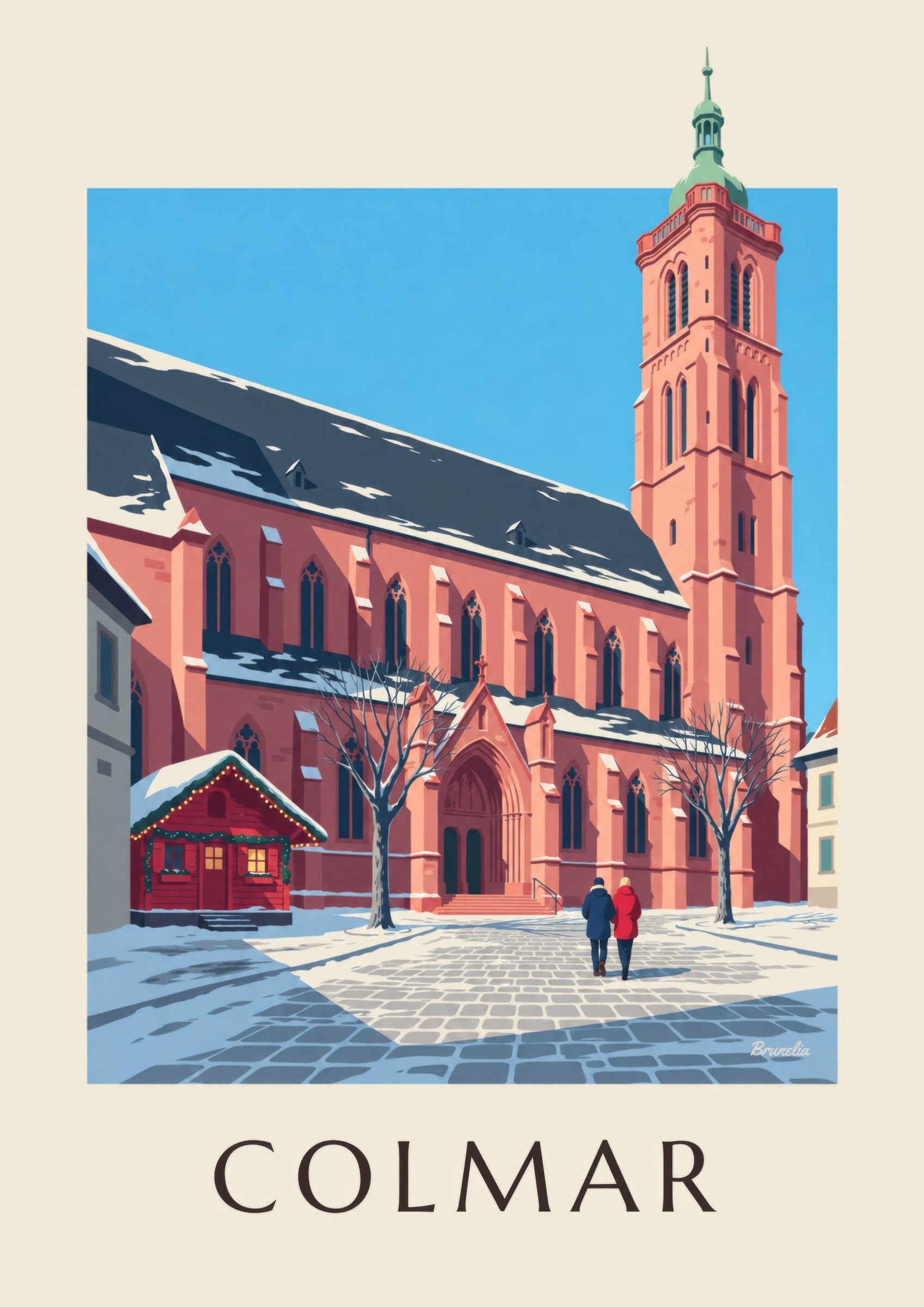 Stampa della collegiata di San Martino di Colmar in inverno: dettaglio in primo piano