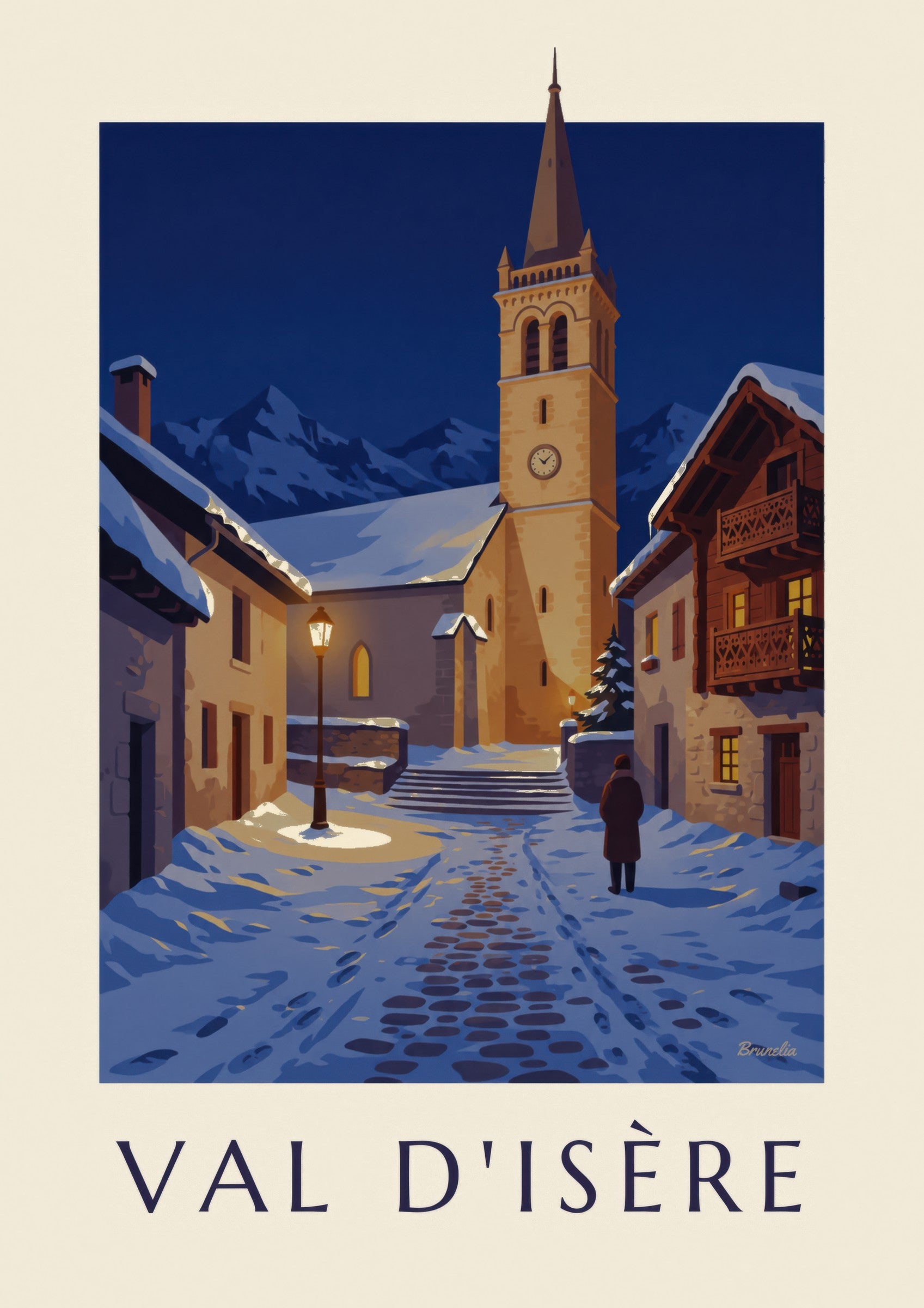 Poster Val d’Isère, beleuchteter Kirchturm im Winter: Detail in Nahaufnahme