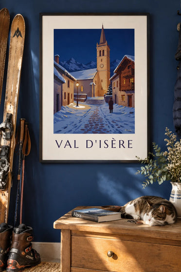 Poster Val d’Isère, campanile illuminato d’inverno : incorniciato alla parete