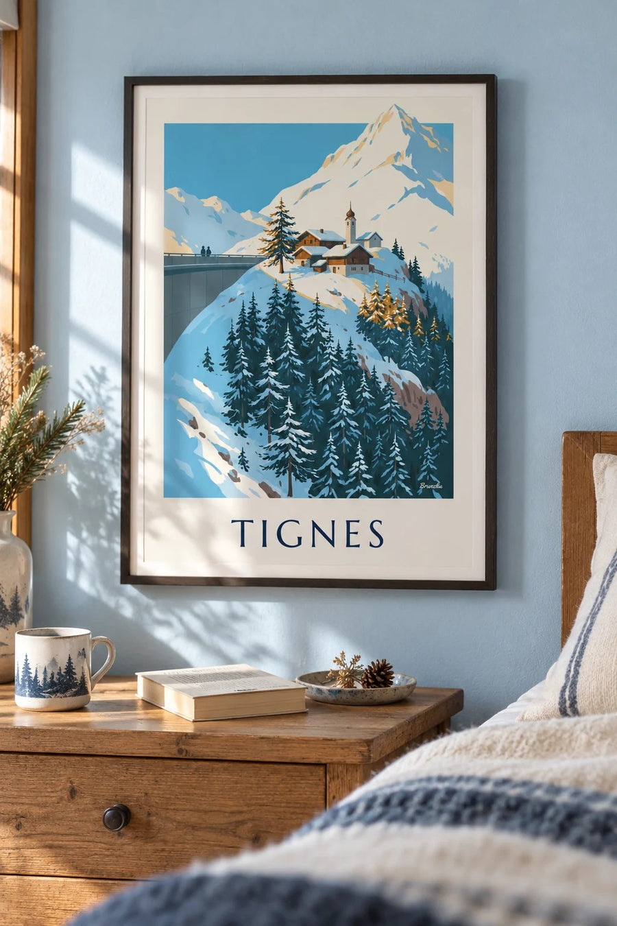 Affiche Tignes 1800 et son clocher en hiver : encadrée au mur