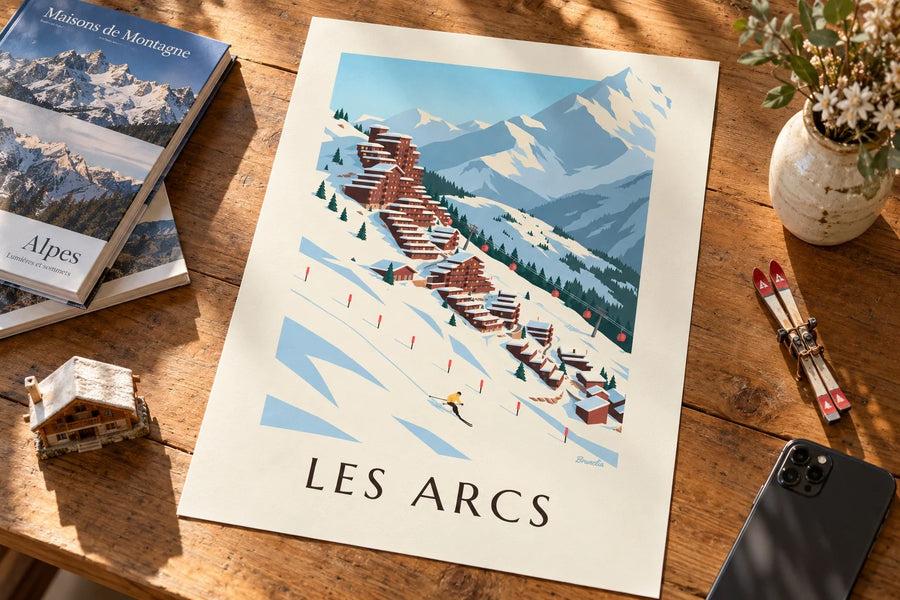 Affiche Les Arcs, Arc 2000 en gradins : posée sur une table