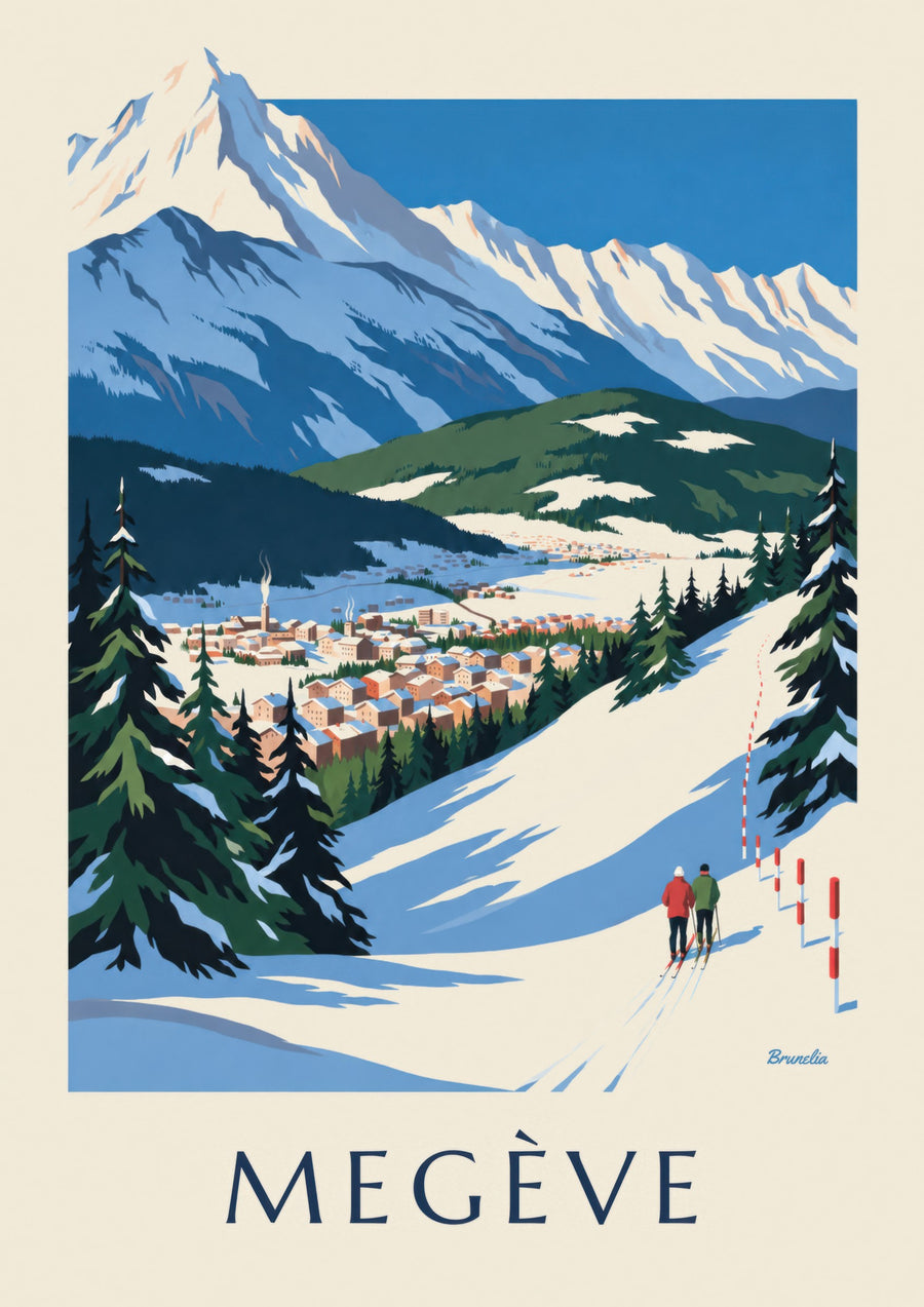 Poster di Megève, le piste di fronte al Monte Bianco