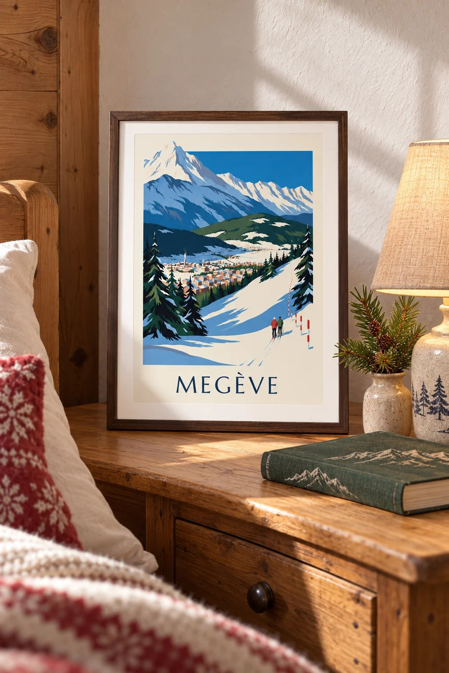 Affiche Megève, les pistes face au Mont-Blanc : petit format A4 encadré