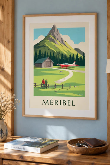 Poster Méribel, kleines Flugzeug am Altiport : gerahmt an der Wand