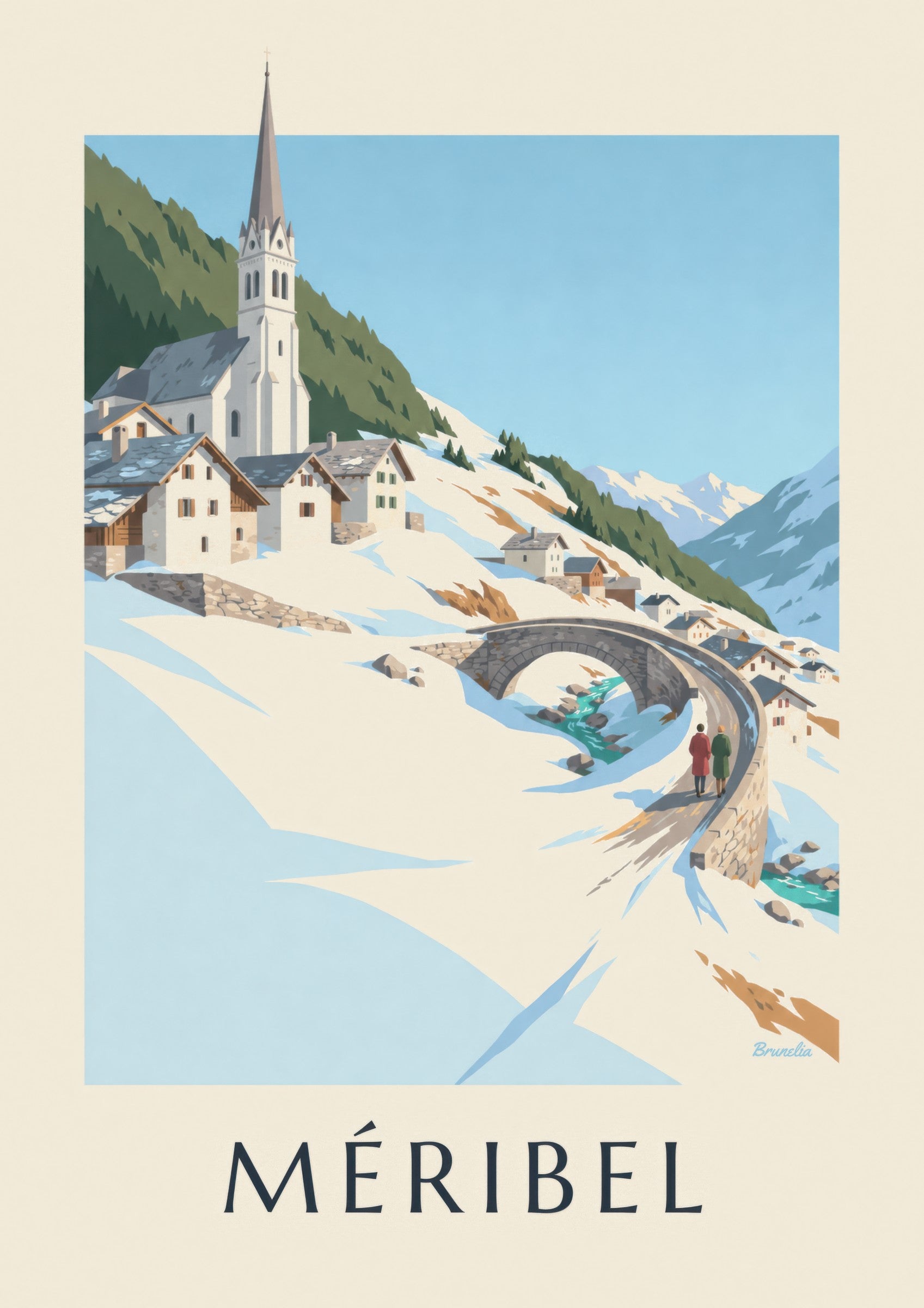 Poster Méribel, die Brücke und die Kirche von Les Allues: Detail in Nahaufnahme