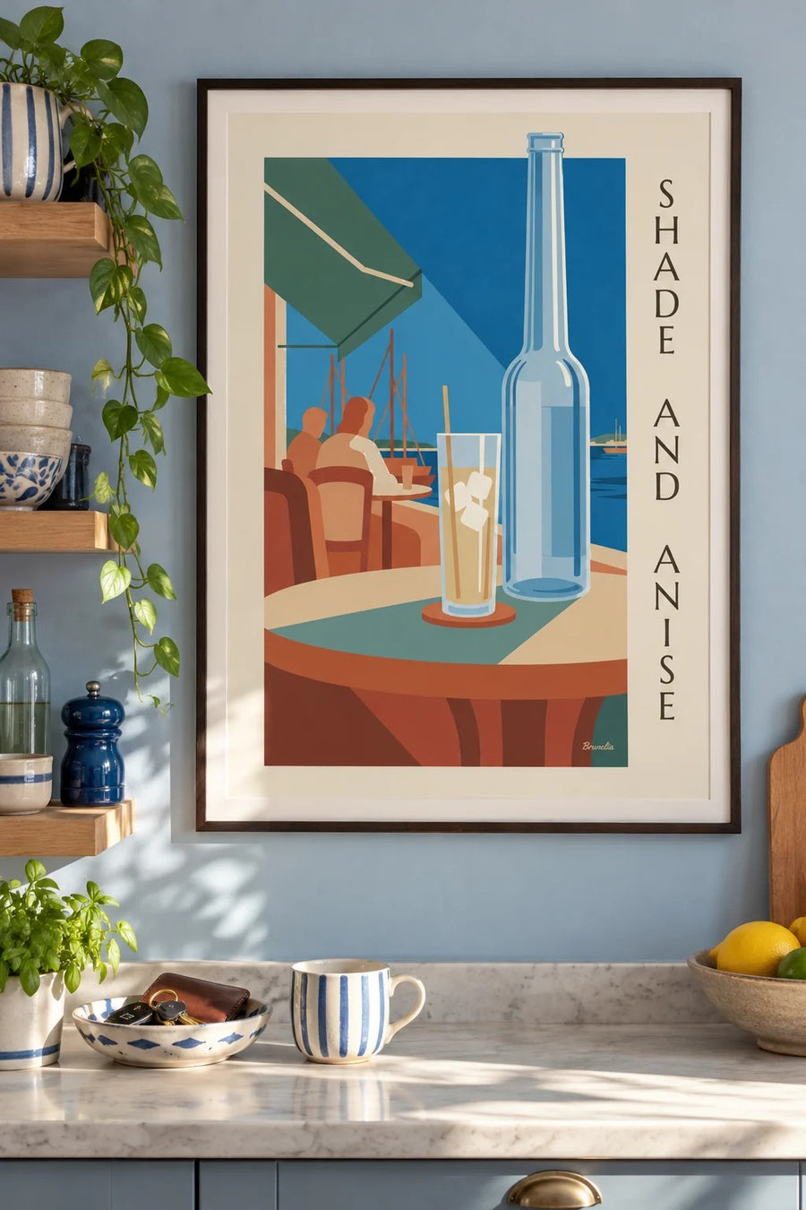 Affiche pastis et carafe d’eau au port : encadrée au mur