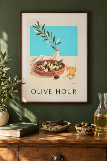 Poster mit provenzalischen Oliven zum Aperitif : gerahmt an der Wand