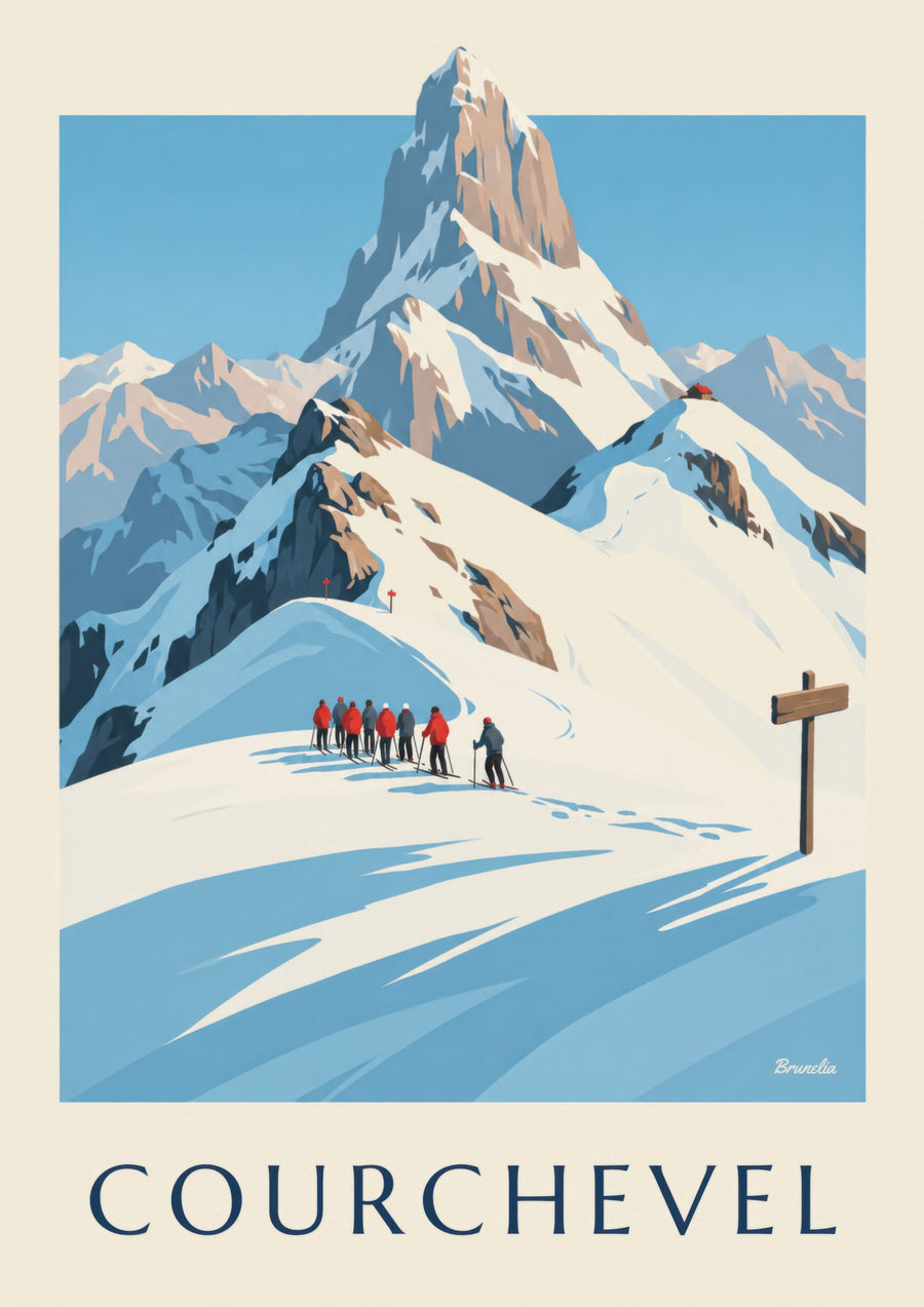 Courchevel-Poster mit Skifahrern vor der Vanoise