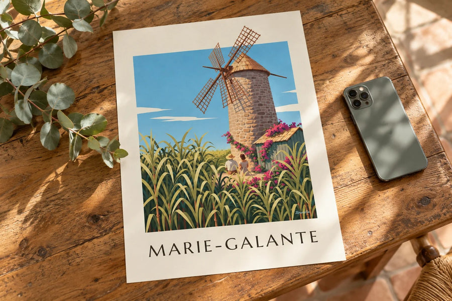 Affiche Guadeloupe, moulin de Bézard à Marie-Galante : posée sur une table