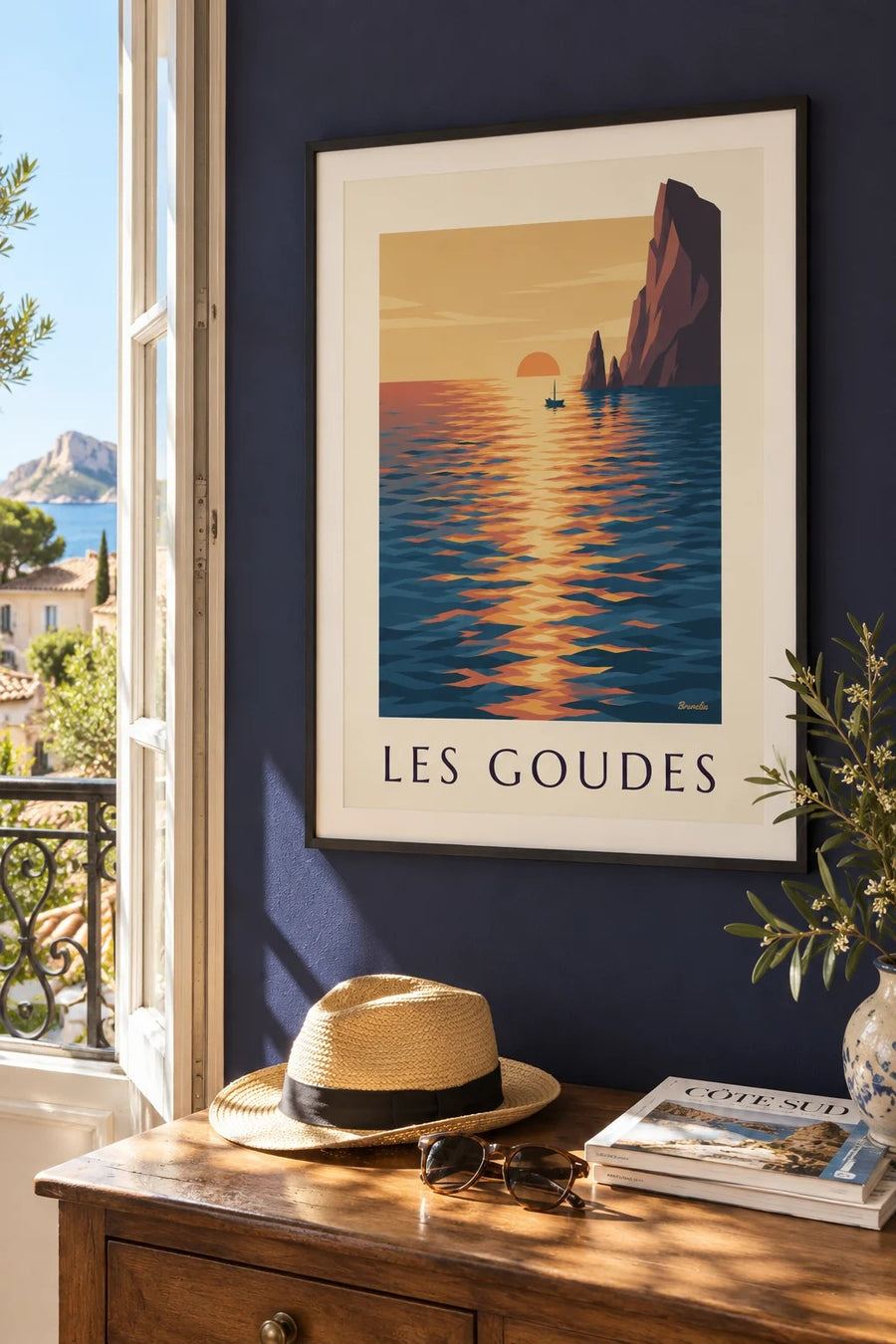 Affiche coucher de soleil aux Goudes : encadrée au mur
