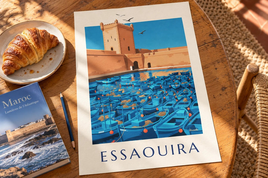 Affiche port d'Essaouira, tour de la Skala : posée sur une table