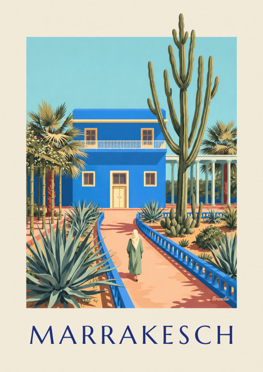 Affiche villa bleue et cactus de Marrakech (titre MARRAKESCH)