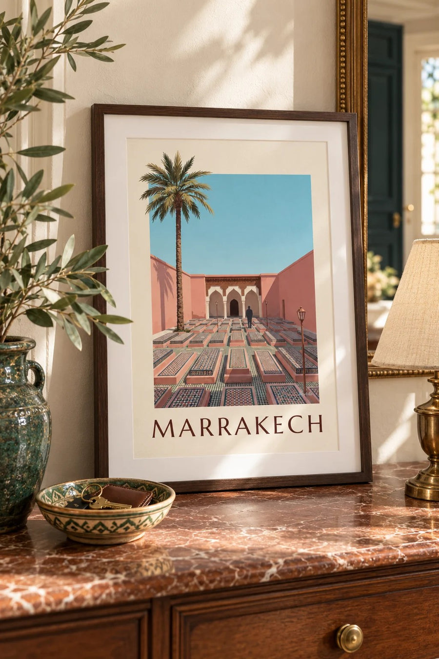 Affiche Tombeaux saadiens de Marrakech, arcades et zelliges : petit format A4 encadré