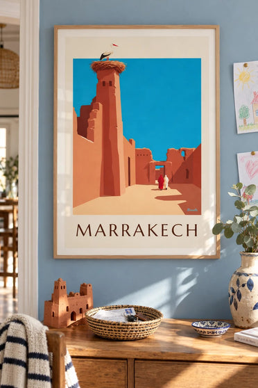 Poster di una cicogna sulle mura di El Badi a Marrakech : incorniciato alla parete