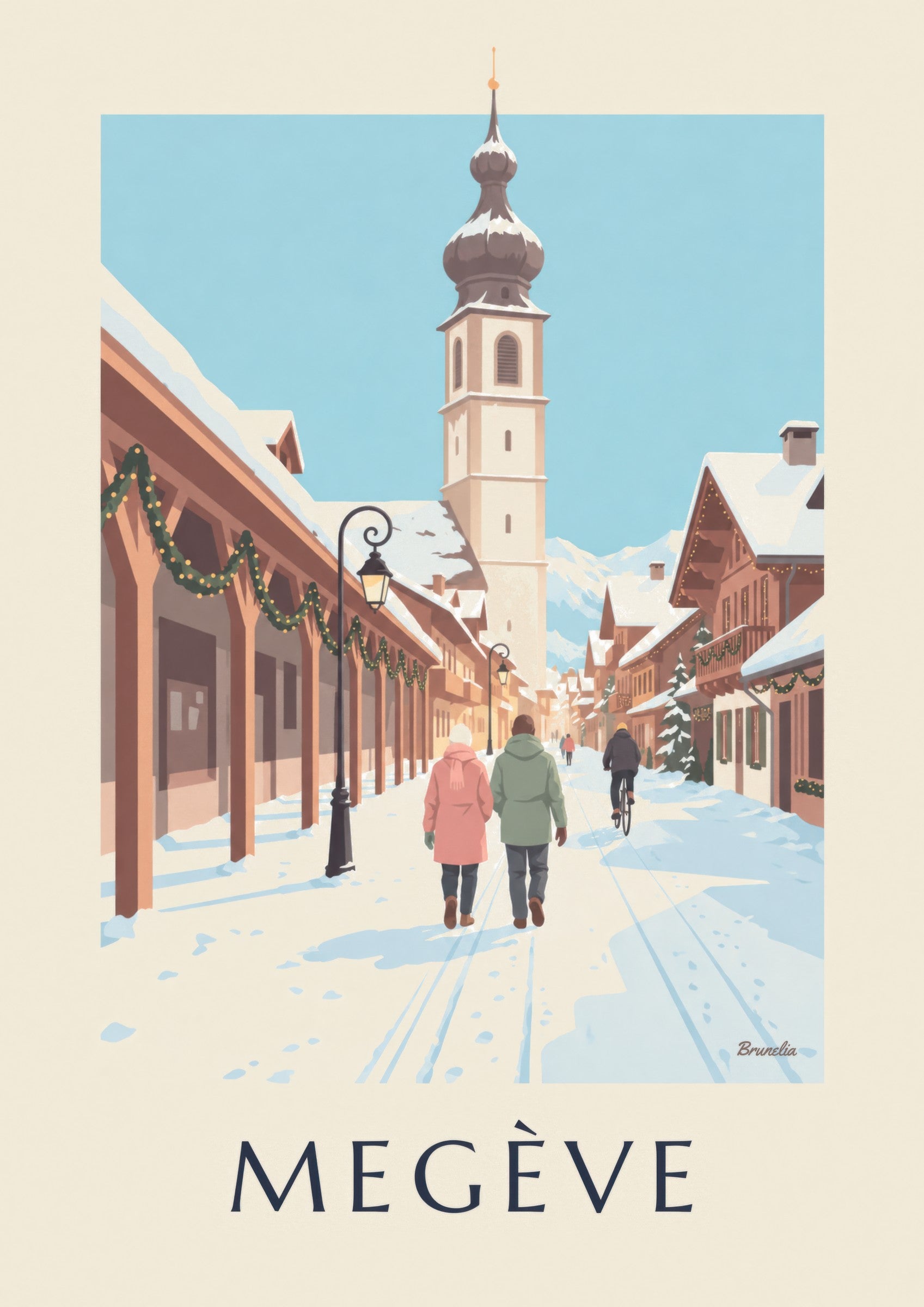 Affiche Megève, rue piétonne et clocher: Detail in Nahaufnahme