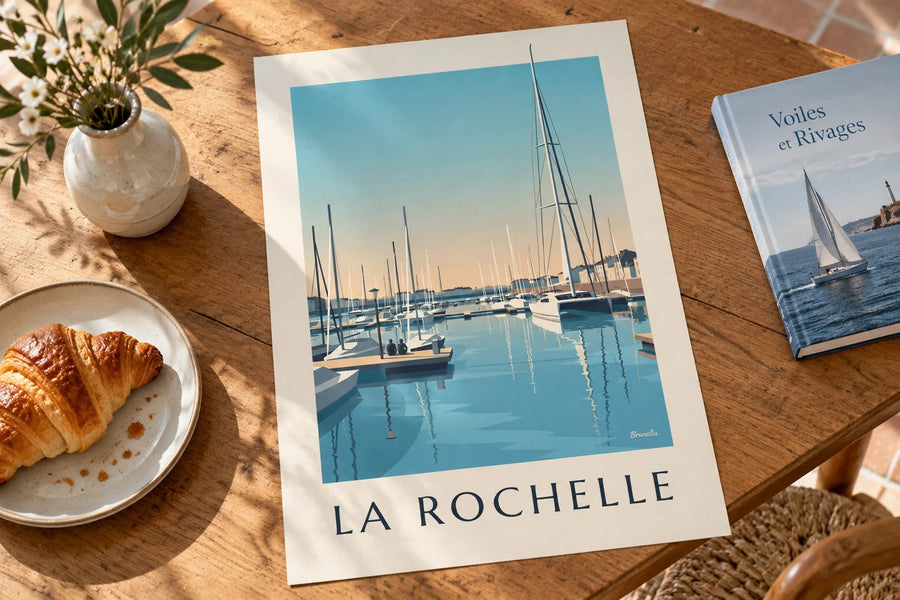 Affiche port de plaisance des Minimes à La Rochelle : posée sur une table