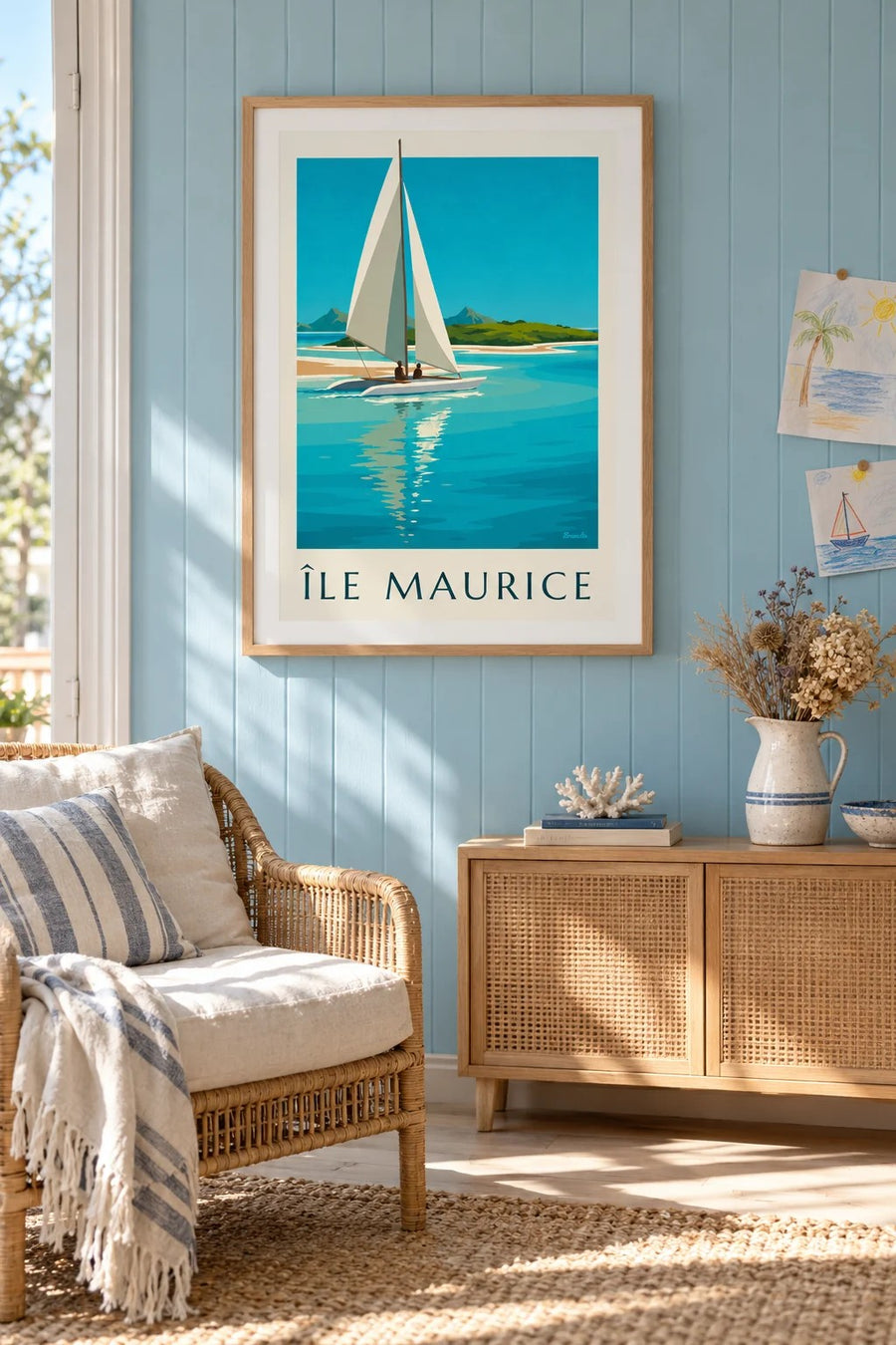 Affiche Île aux Cerfs et lagon turquoise (titre ÎLE MAURICE) : encadrée au mur