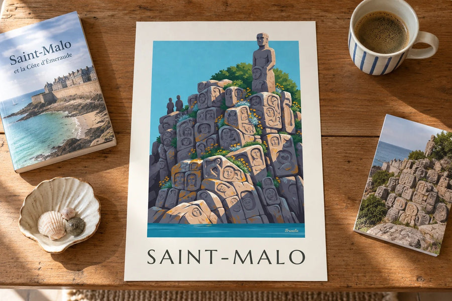 Affiche Rochers sculptés de Rothéneuf à Saint-Malo : posée sur une table