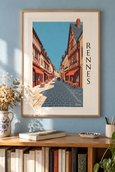 Poster di Rennes, rue Saint-Georges e le case a graticcio : incorniciato alla parete