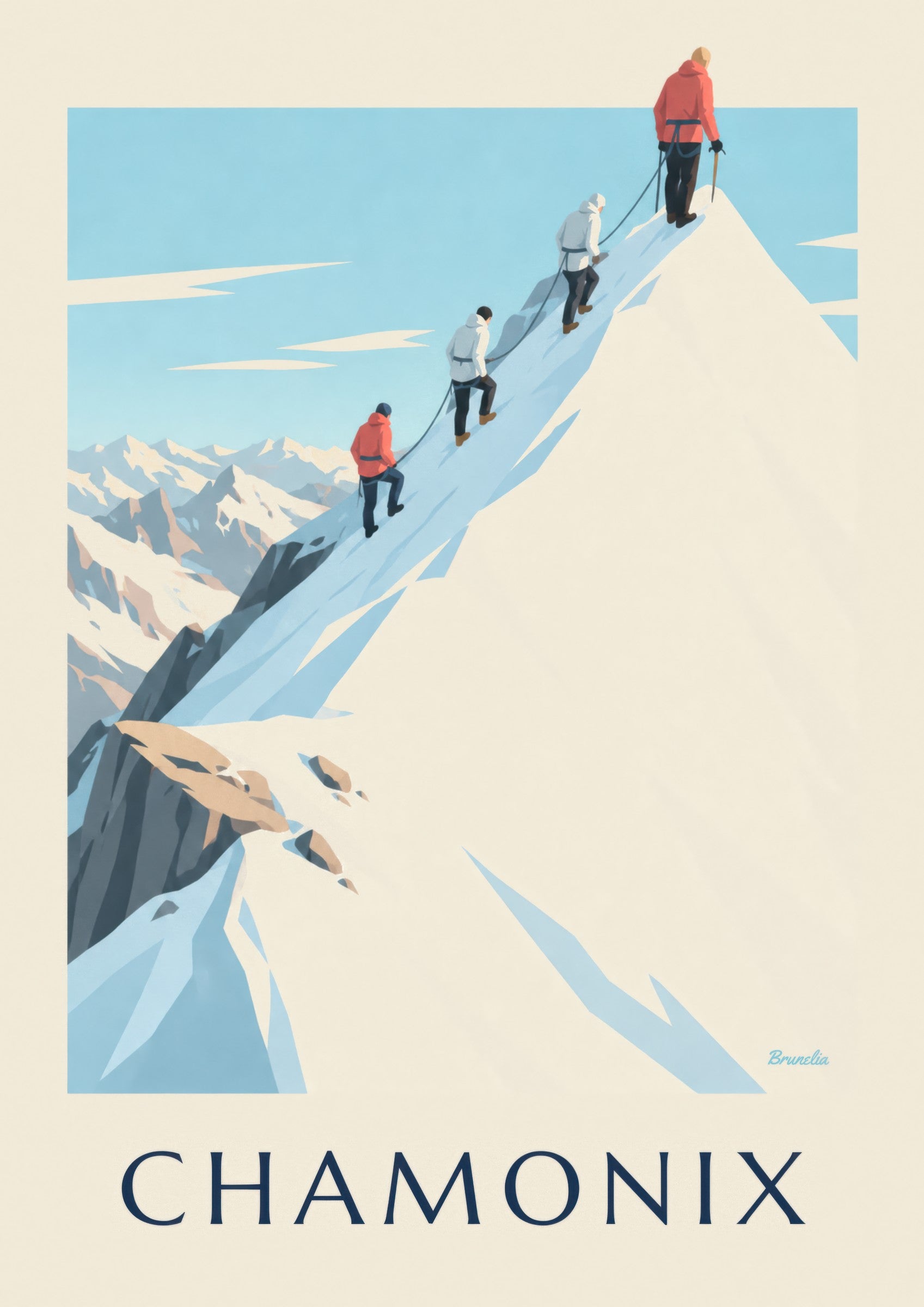 Affiche alpinistes sur l'arête de l'Aiguille du Midi : détail en gros plan
