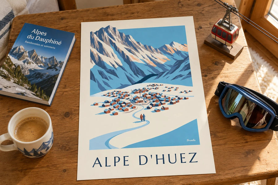 Poster dell’Alpe d’Huez vista dal Pic Blanc d’inverno : appoggiato su un tavolo