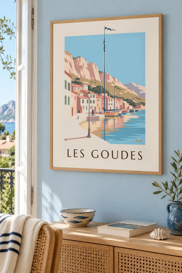 Poster Hafen von Les Goudes bei Sonnenuntergang : gerahmt an der Wand