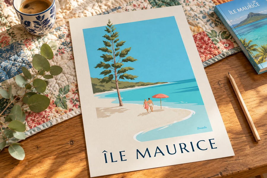 Poster Mauritius, spiaggia di Blue Bay (titolo ÎLE MAURICE) : appoggiato su un tavolo