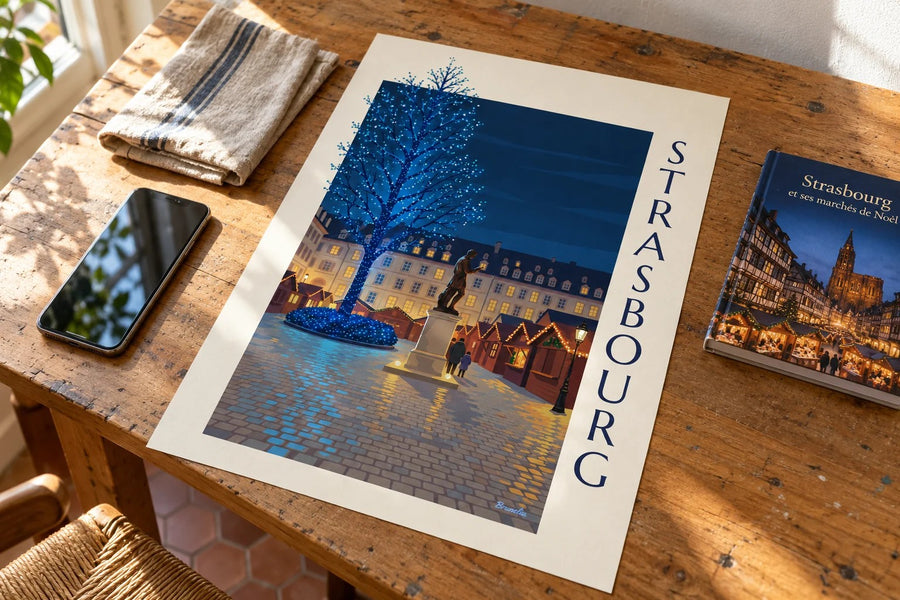 Affiche Noël à Strasbourg, place Gutenberg : posée sur une table