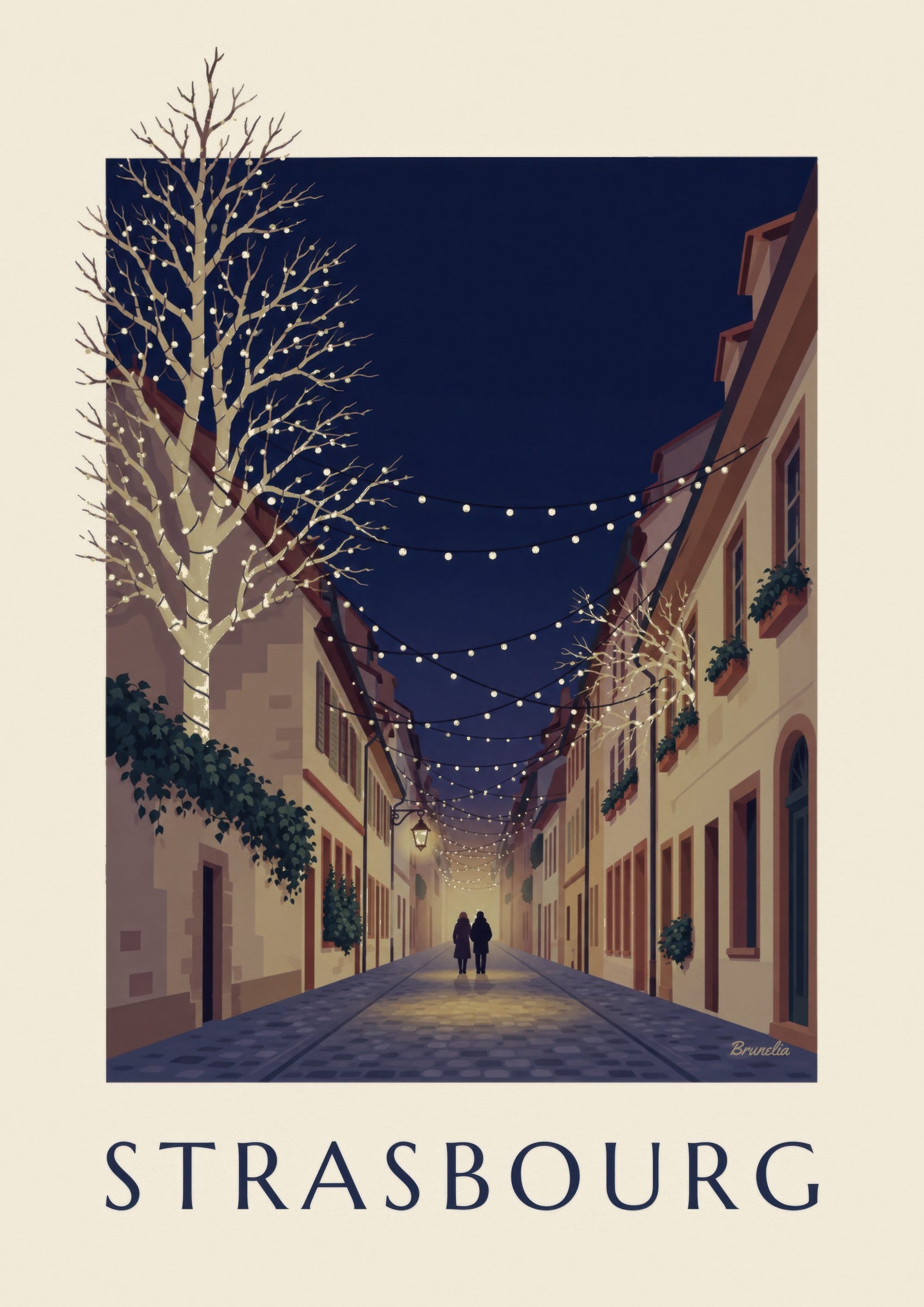 Affiche ruelle de Strasbourg illuminée pour Noël: dettaglio in primo piano