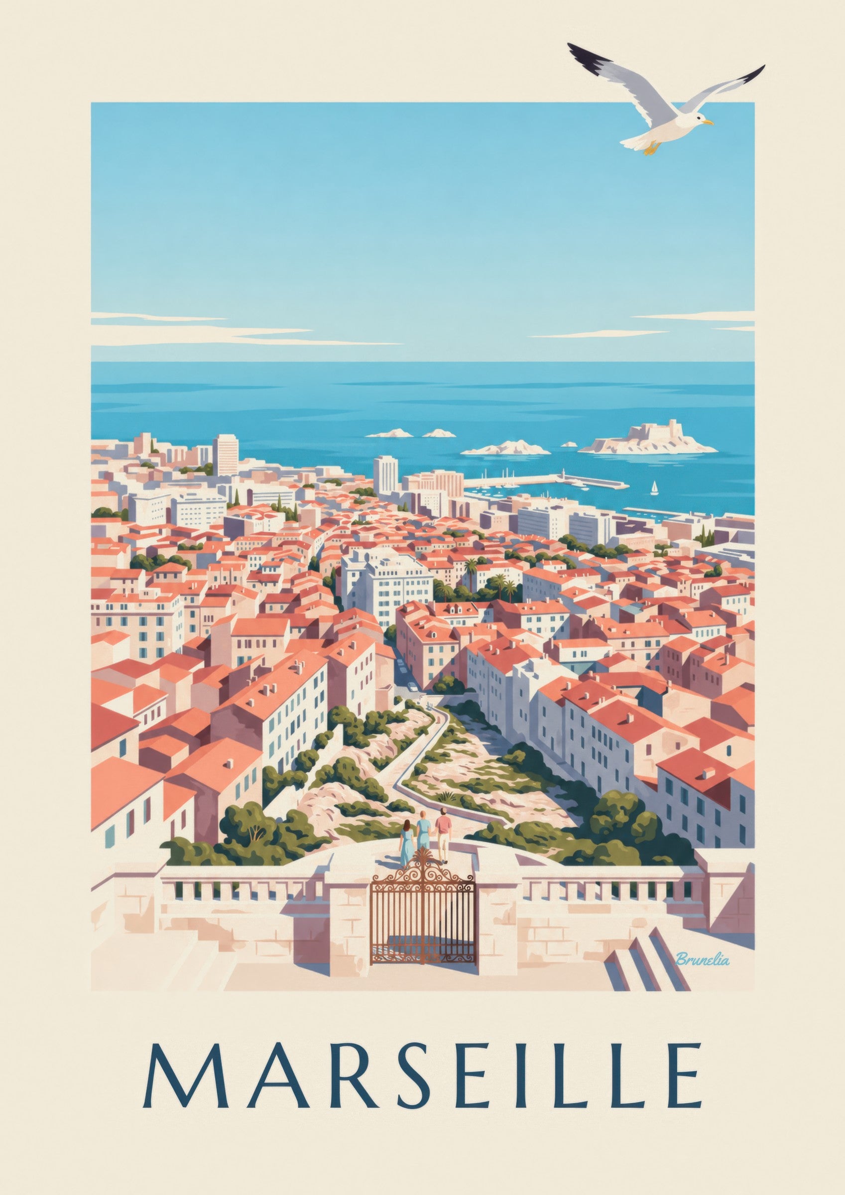 Poster mit Blick auf Marseille von der Notre-Dame-de-la-Garde aus: dettaglio in primo piano
