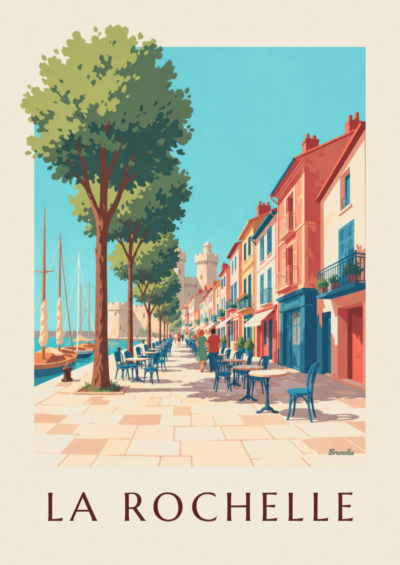 Poster del Gabut a La Rochelle, con case colorate: dettaglio in primo piano
