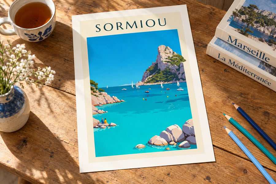 Affiche calanque de Sormiou à Marseille : posée sur une table
