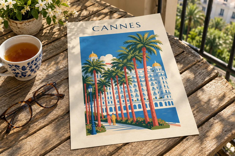 Affiche Croisette de Cannes, palmiers et palace : posée sur une table