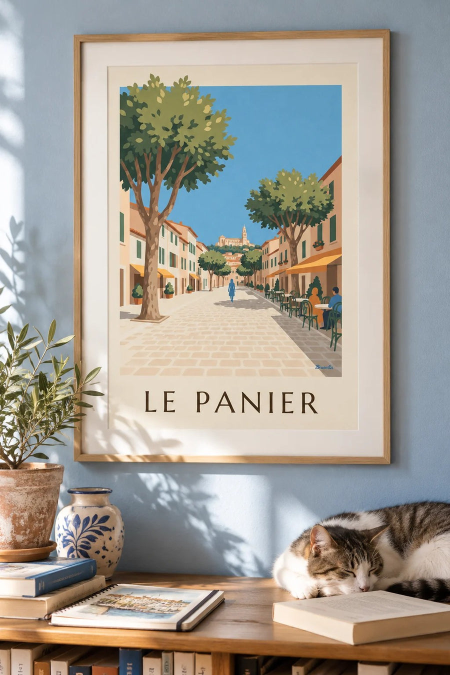 Affiche place de Lenche au Panier, terrasses et platanes : encadrée au mur