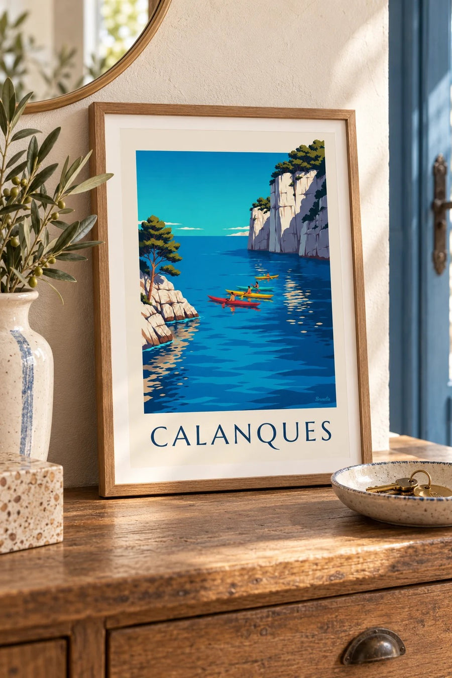 Affiche kayaks de mer dans les calanques : petit format A4 encadré