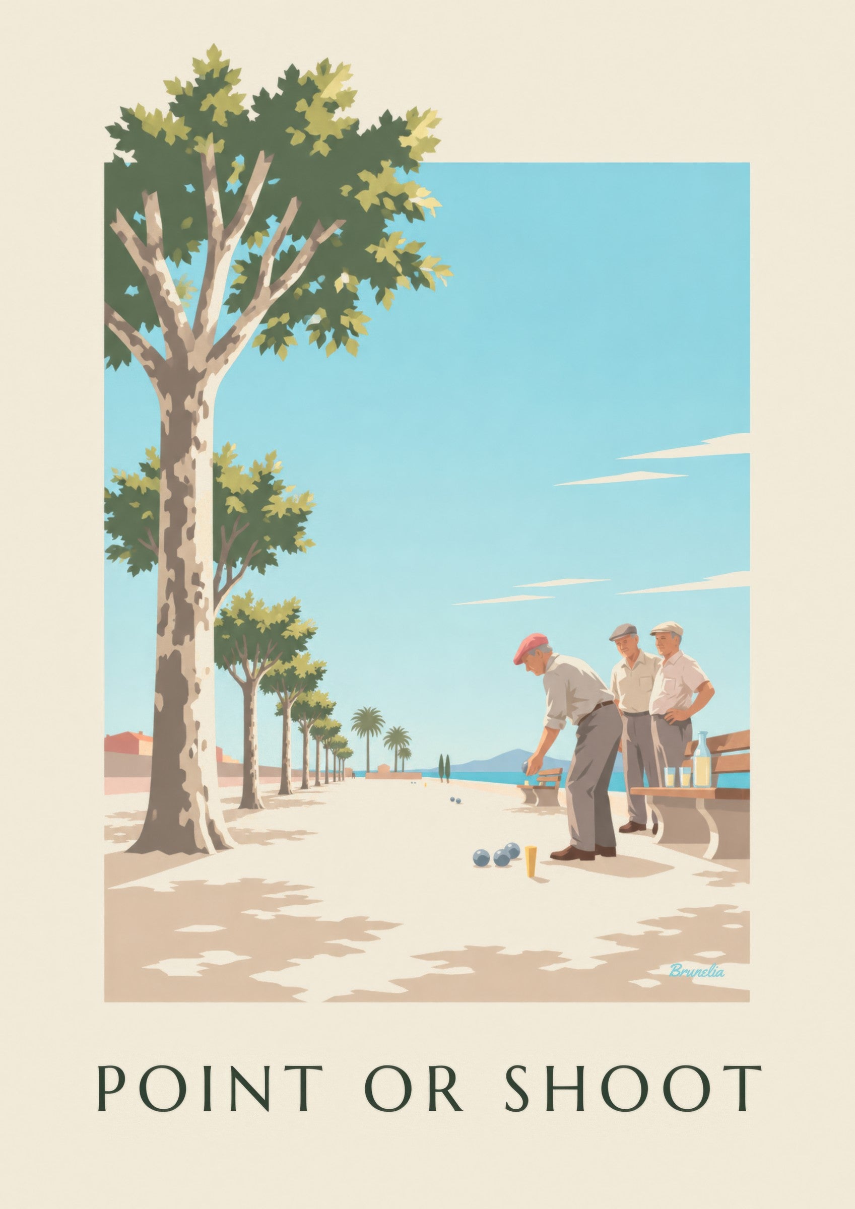 Affiche partie de pétanque sous les platanes: dettaglio in primo piano