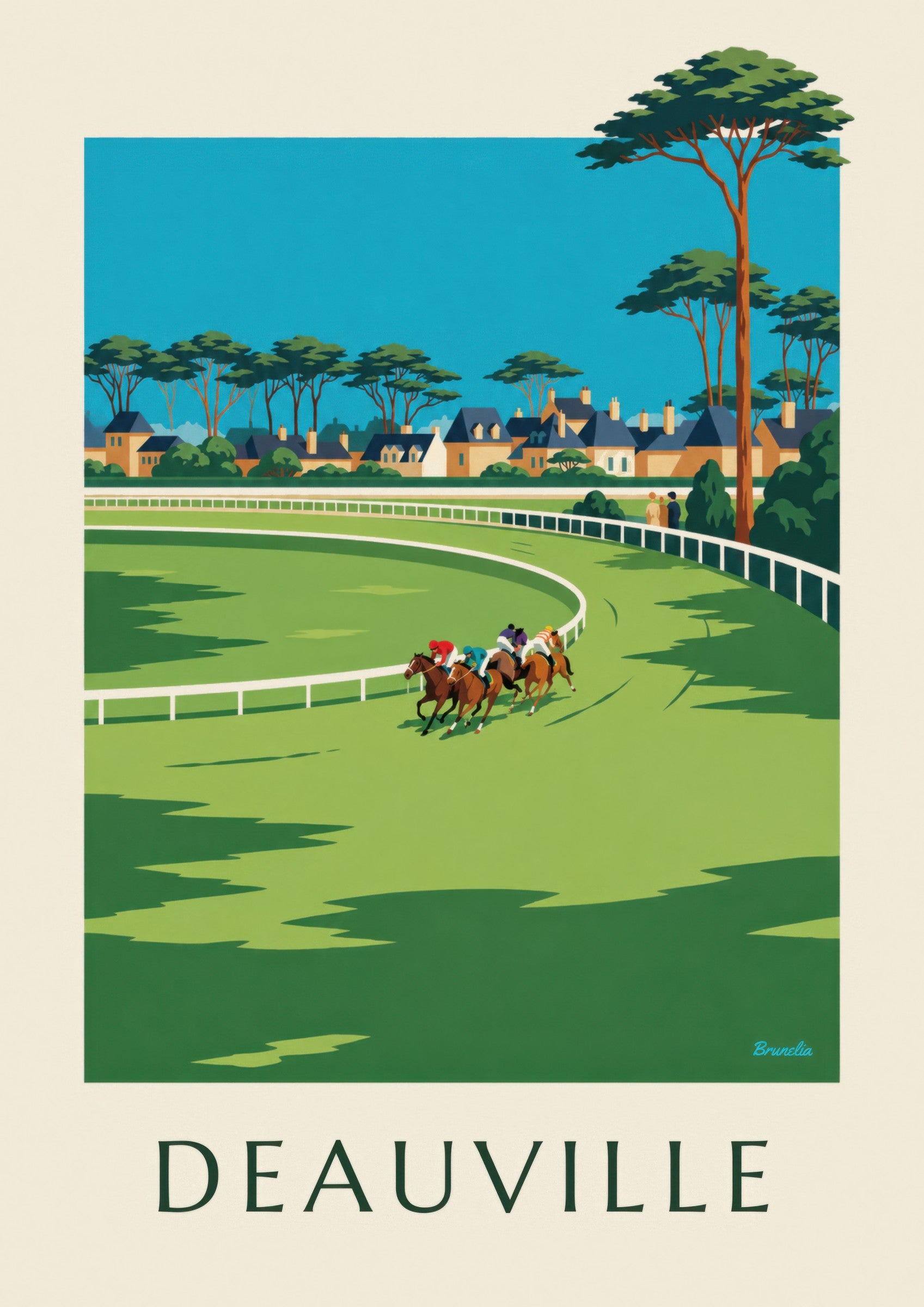 Affiche Deauville hippodrome et chevaux au galop: dettaglio in primo piano