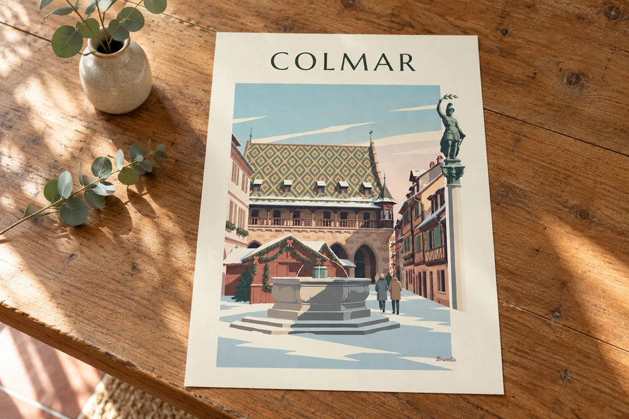 Affiche fontaine Schwendi et Koïfhus à Colmar : posée sur une table