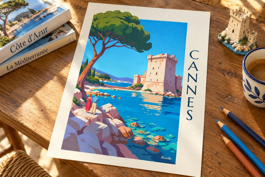 Affiche monastère fortifié de Saint-Honorat : posée sur une table