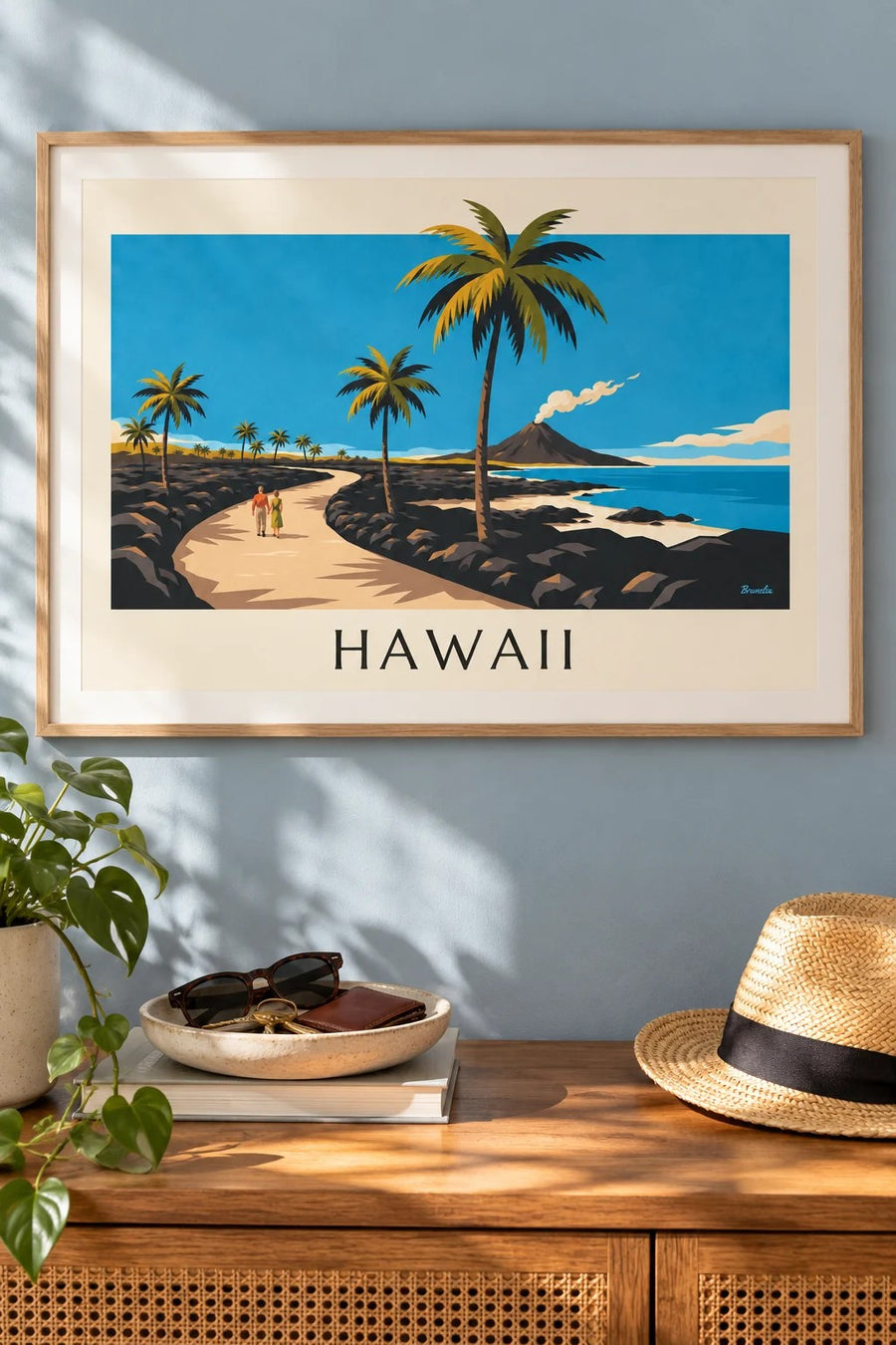 Poster strada delle Hawaii tra palme e vulcano: incorniciato alla parete