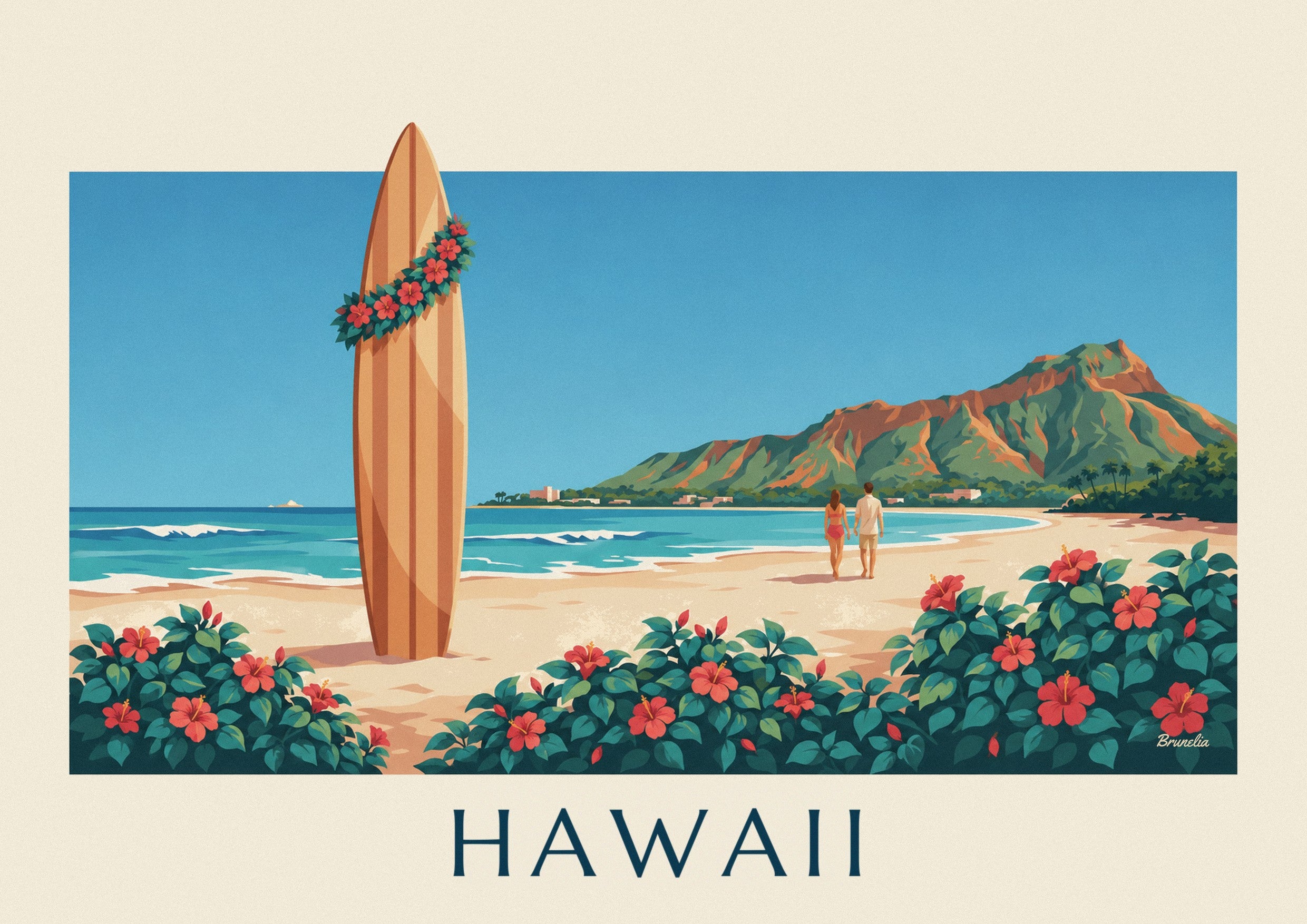 Poster Surfbrett und Hibiskus vor Diamond Head, Hawaii: Detail in Nahaufnahme