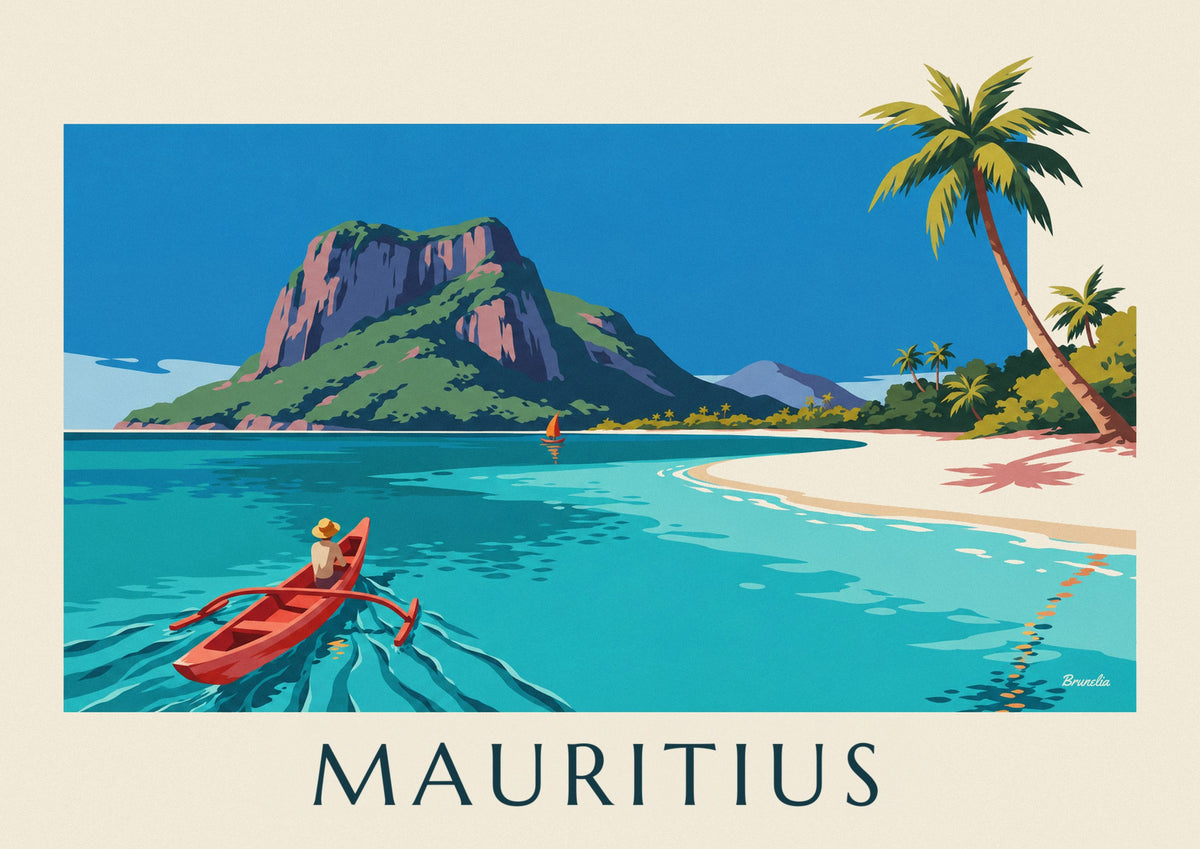 Affiche lagon, cocotiers et Morne Brabant à l'île Maurice