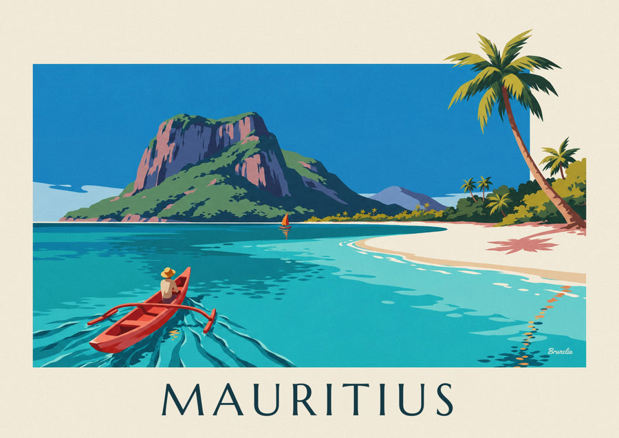 Poster laguna, palme da cocco e Morne Brabant a Mauritius