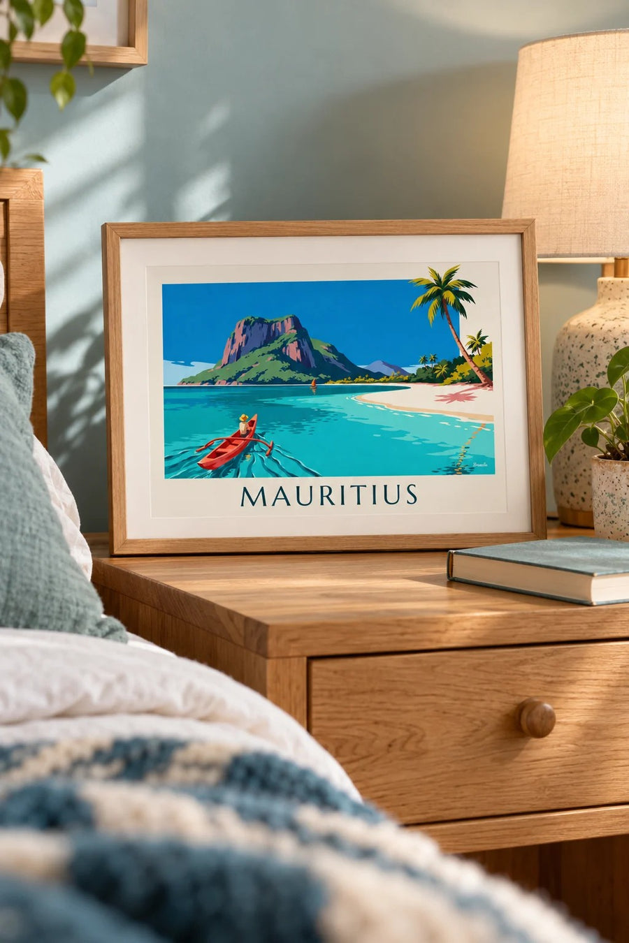 Poster laguna, palme da cocco e Morne Brabant a Mauritius: formato piccolo A4 incorniciato