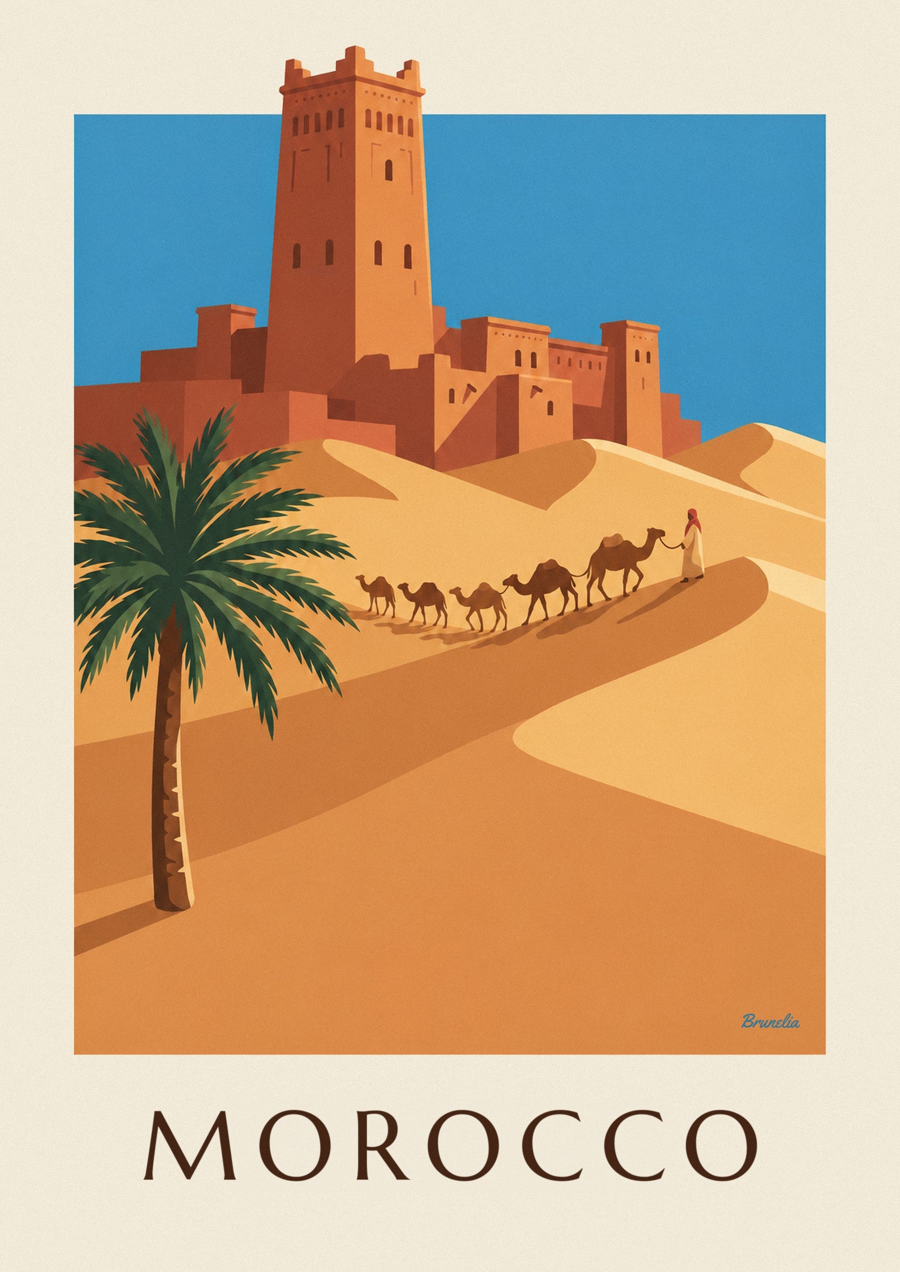 Poster casbah e carovana di cammelli nel deserto marocchino: dettaglio in primo piano