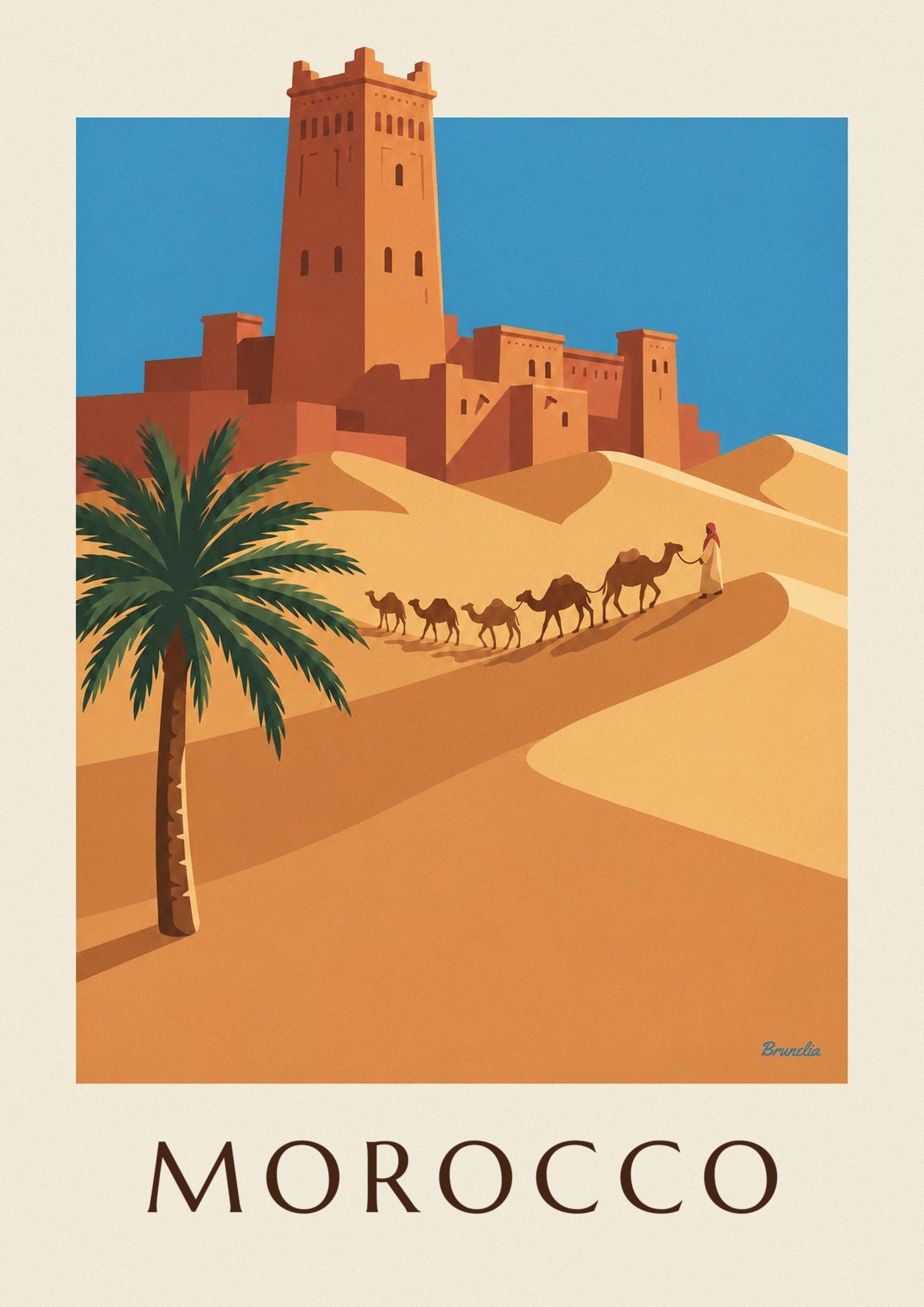 Poster casbah e carovana di cammelli nel deserto marocchino