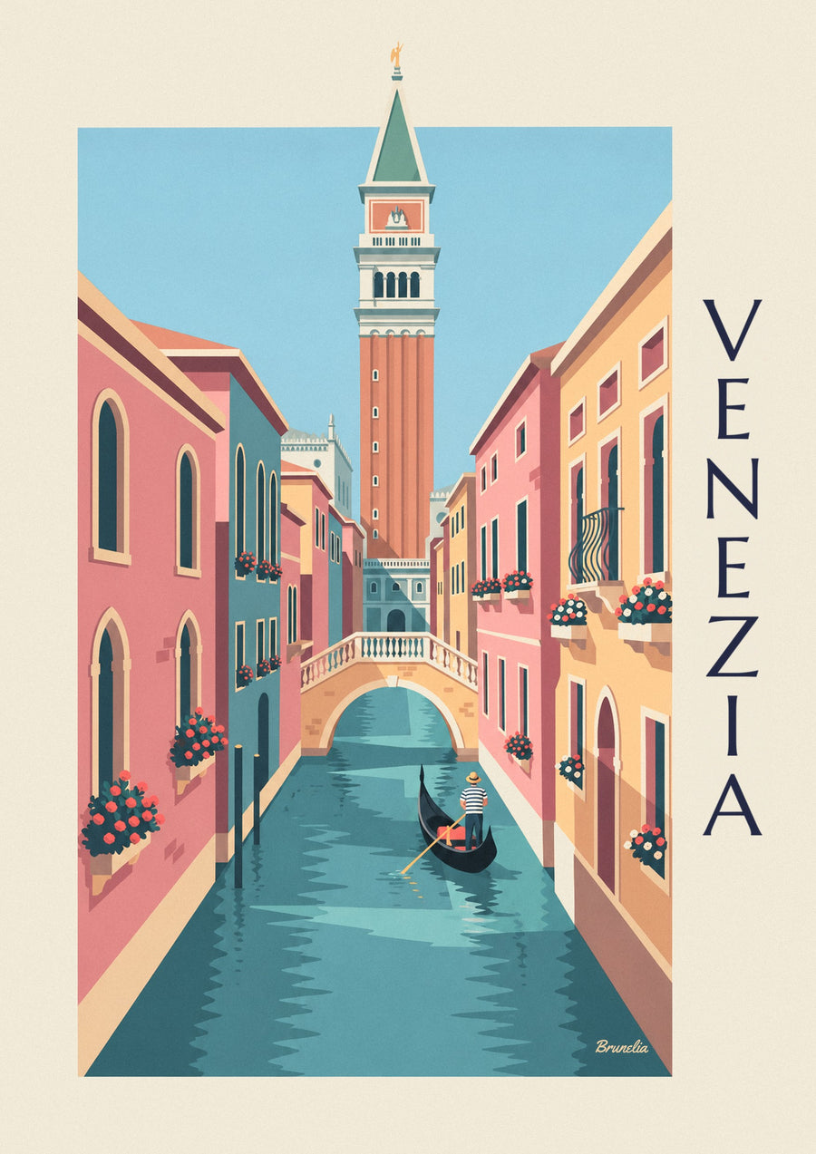Affiche gondolier sur un petit canal sous le Campanile de Venezia