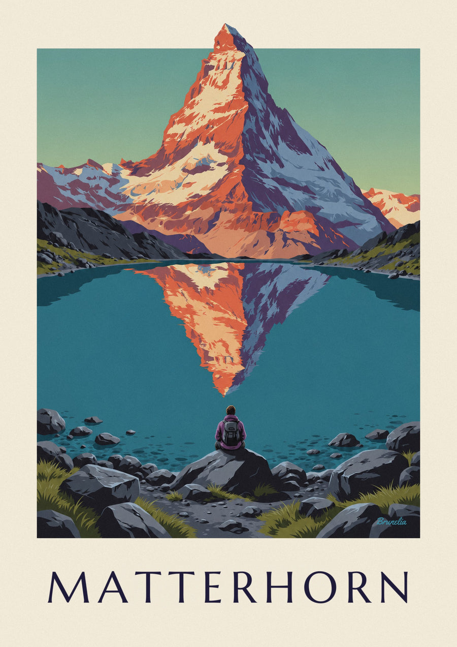 Poster Cervino al tramonto riflesso in un lago alpino